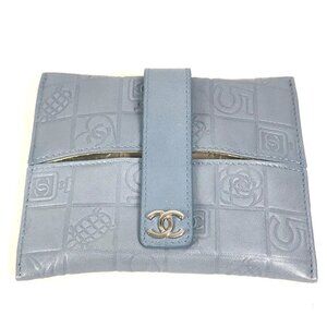 CHANEL CC Camellia Icon Pocket Tissue Cover Case Pouch Leather blue